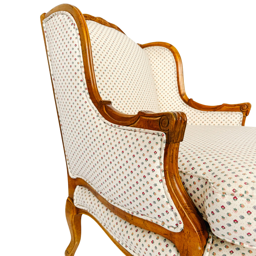 French Provincial Louis XV Bergere Armchair With Carved Wood Frame & Petite Floral Upholstery