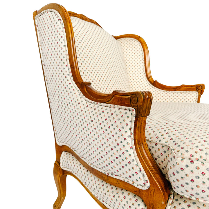French Provincial Louis XV Bergere Armchair With Carved Wood Frame & Petite Floral Upholstery