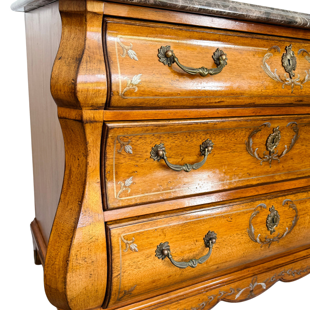 French Provincial Louis XV Style Hand-Painted Marble Top Bombe Commode Chest by Ferguson Copeland