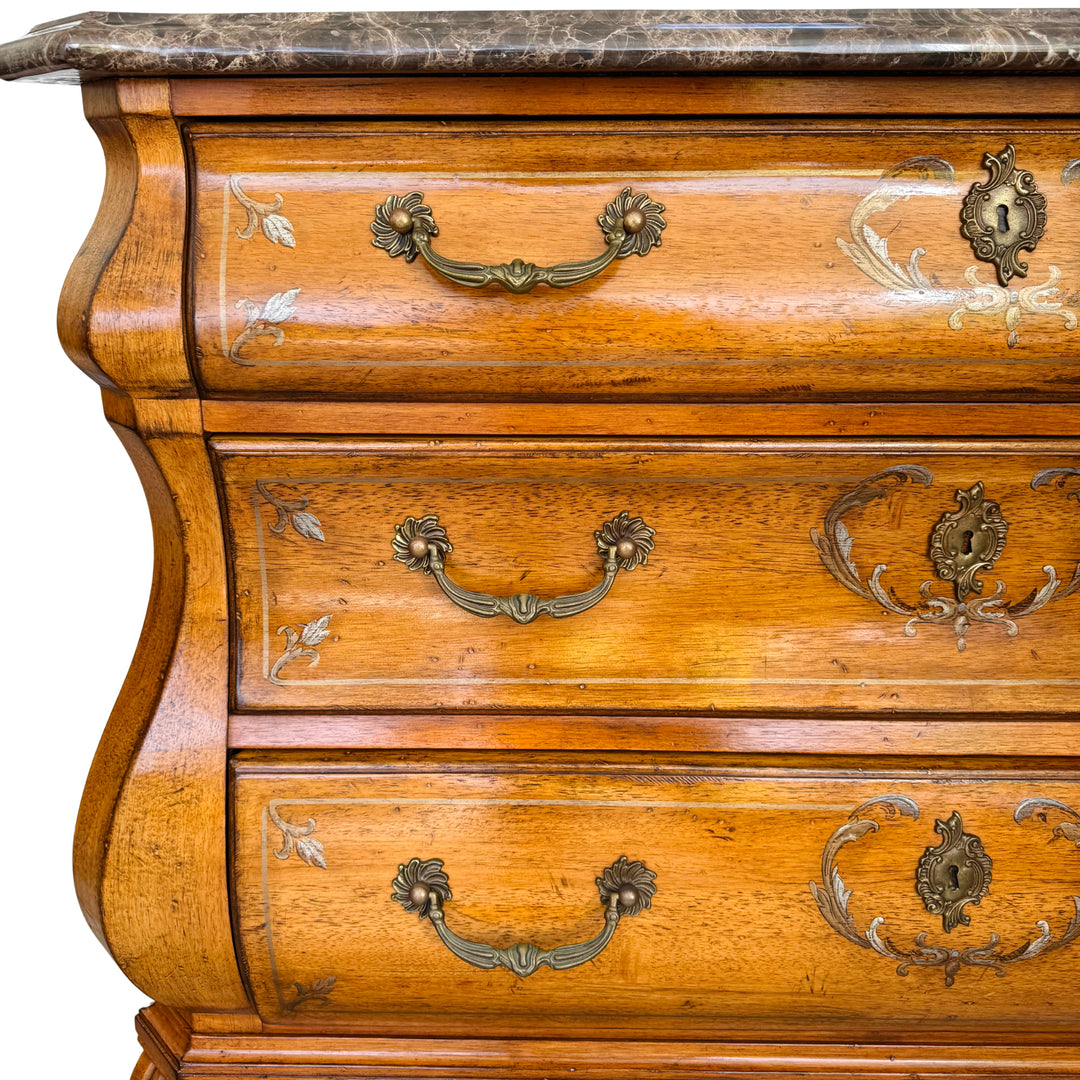 French Provincial Louis XV Style Hand-Painted Marble Top Bombe Commode Chest by Ferguson Copeland