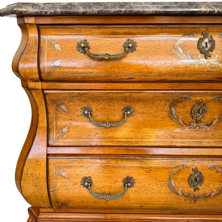 French Provincial Louis XV Style Hand-Painted Marble Top Bombe Commode Chest by Ferguson Copeland