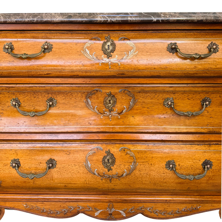 French Provincial Louis XV Style Hand-Painted Marble Top Bombe Commode Chest by Ferguson Copeland