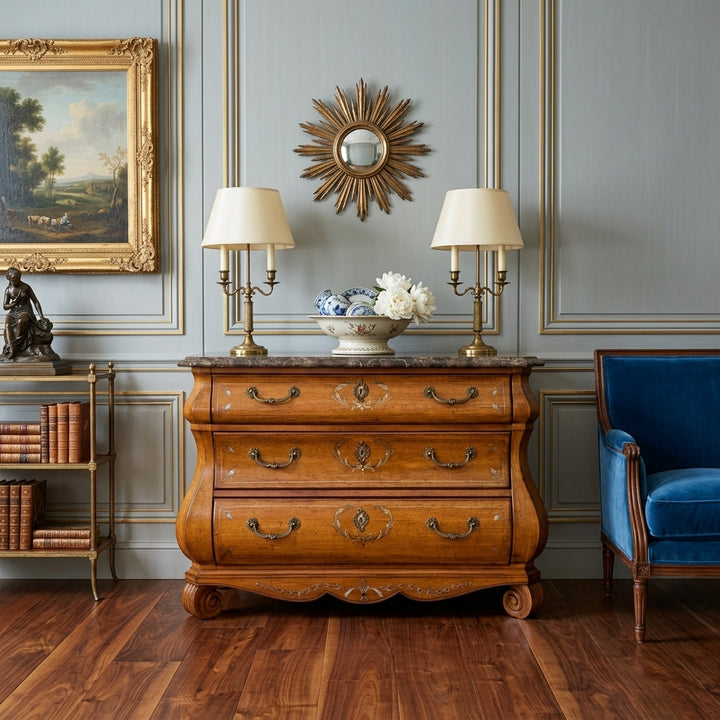 French Provincial Louis XV Style Hand-Painted Marble Top Bombe Commode Chest by Ferguson Copeland