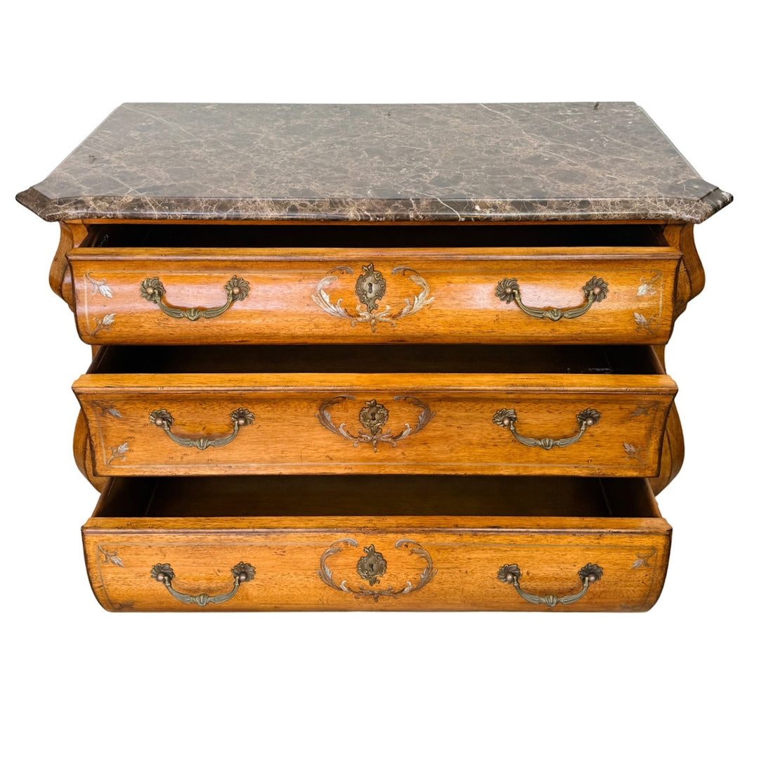 French Provincial Louis XV Style Hand-Painted Marble Top Bombe Commode Chest by Ferguson Copeland