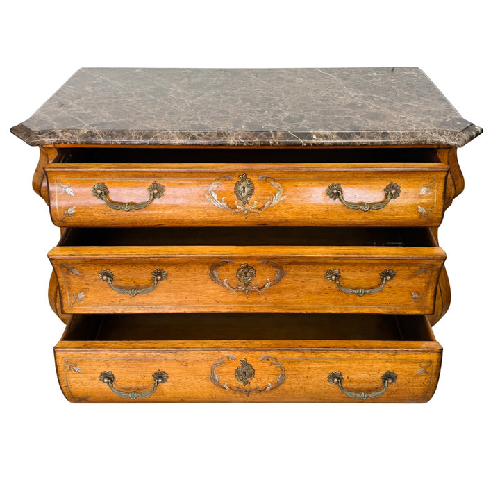 French Provincial Louis XV Style Hand-Painted Marble Top Bombe Commode Chest by Ferguson Copeland