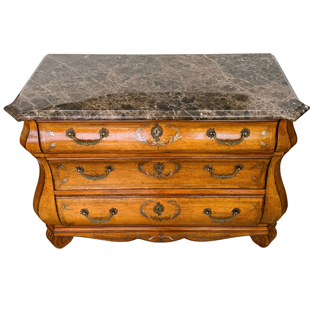 French Provincial Louis XV Style Hand-Painted Marble Top Bombe Commode Chest by Ferguson Copeland