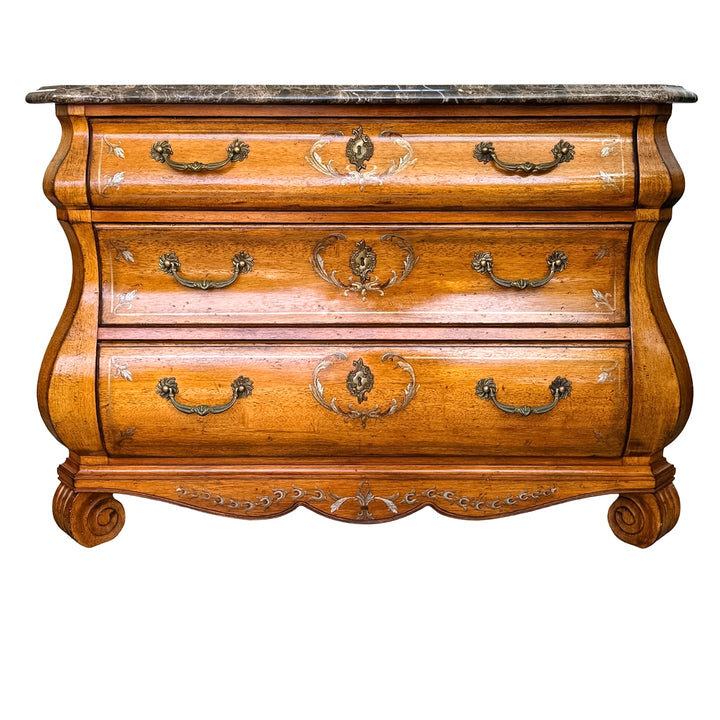 French Provincial Louis XV Style Hand-Painted Marble Top Bombe Commode Chest by Ferguson Copeland