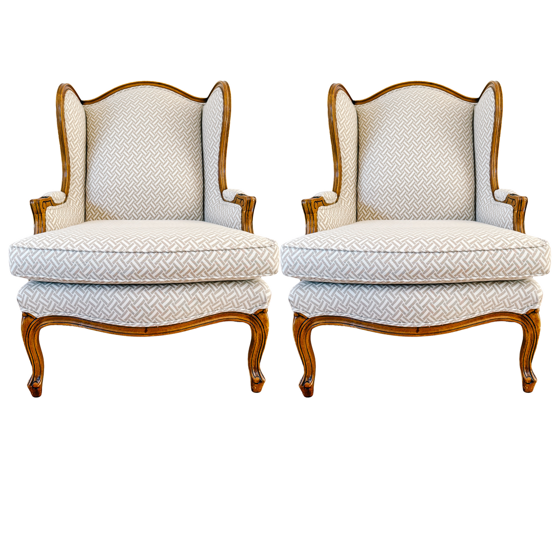 Baker Furniture French Provincial Wingback Chairs With Geometric Upholstery