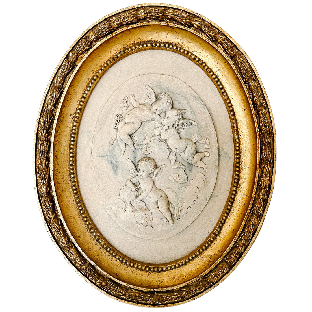 French Wall Plaque With Winged Cherubs by Mme Leon Bertaux