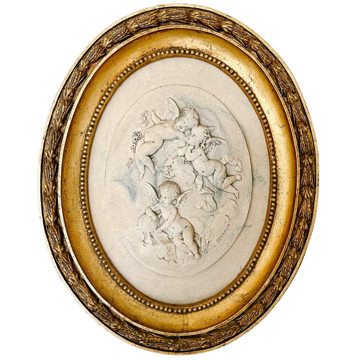 French Wall Plaque With Winged Cherubs by Mme Leon Bertaux