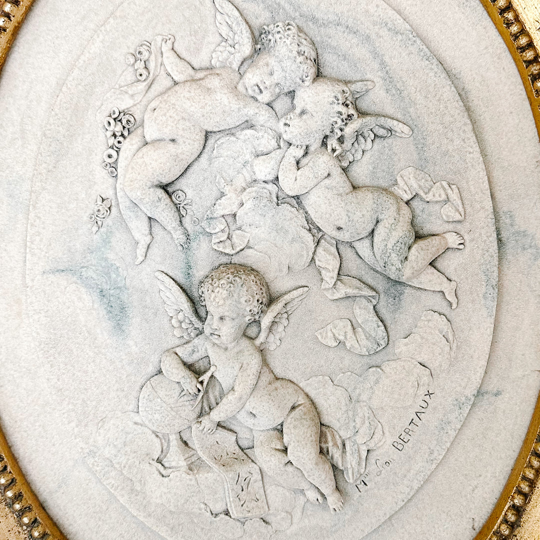 French Wall Plaque With Winged Cherubs by Mme Leon Bertaux