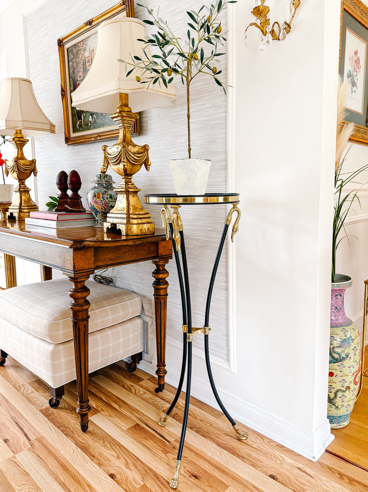 French Empire Style Steel & Brass Swan Gueridon Table With Glass Top