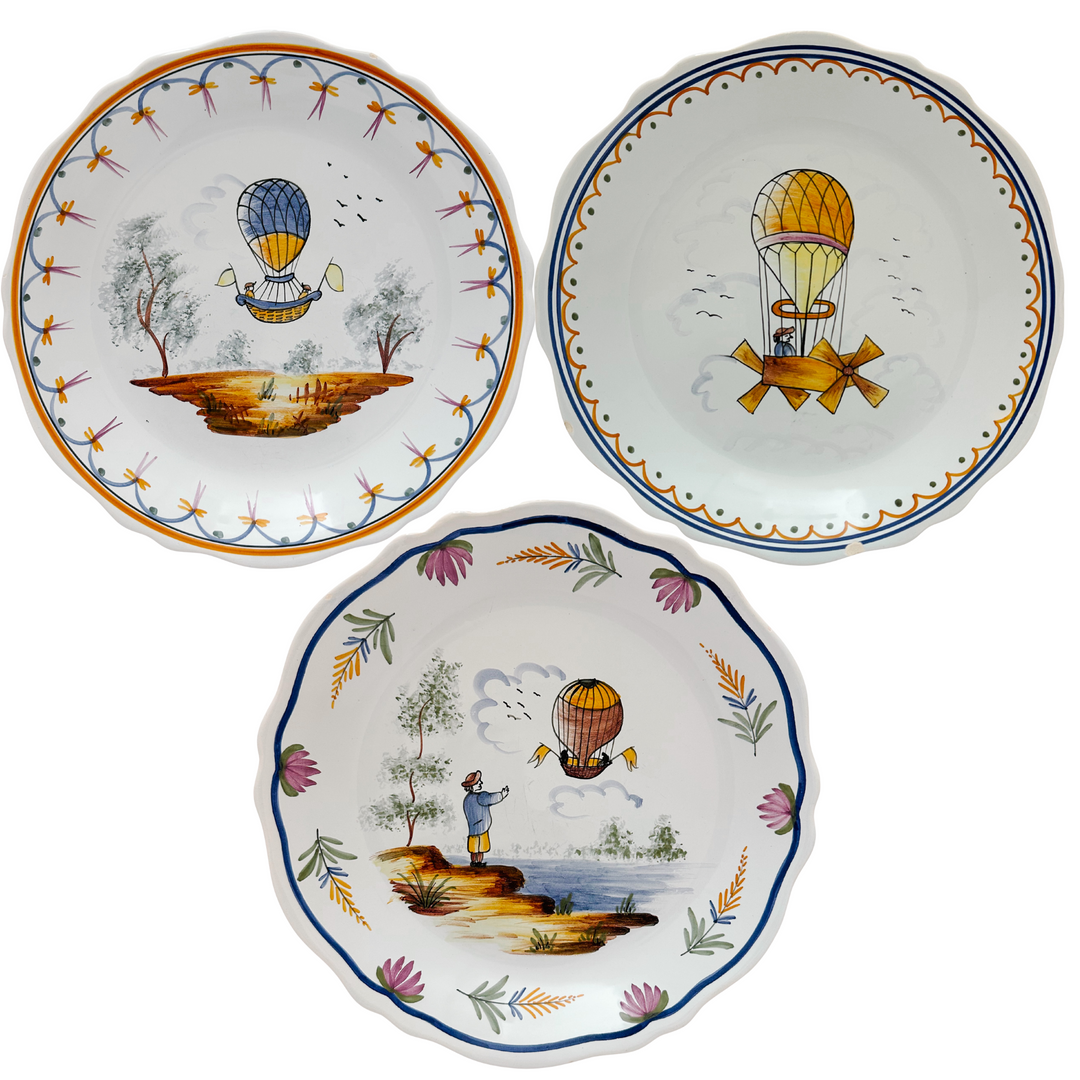 French Faience "Voyage Dans Les Airs" Hot Air Balloon Plates