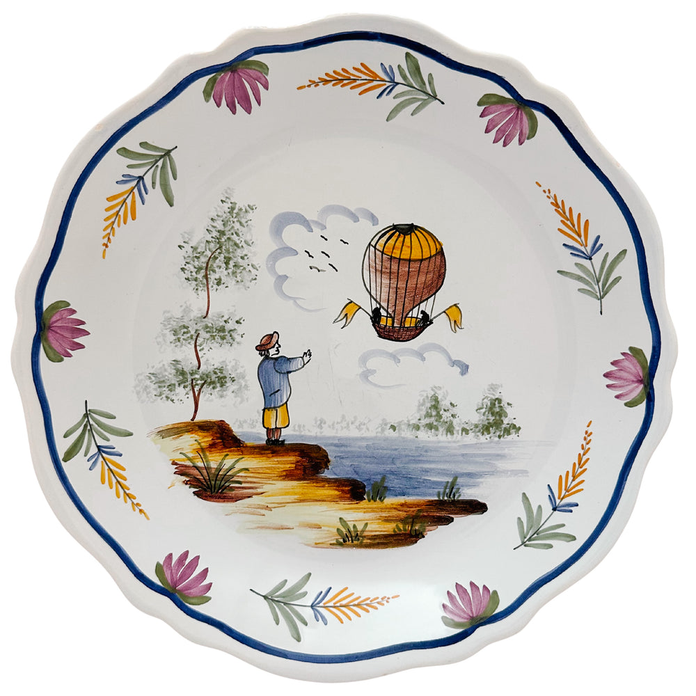 French Faience "Voyage Dans Les Airs" Hot Air Balloon Plates