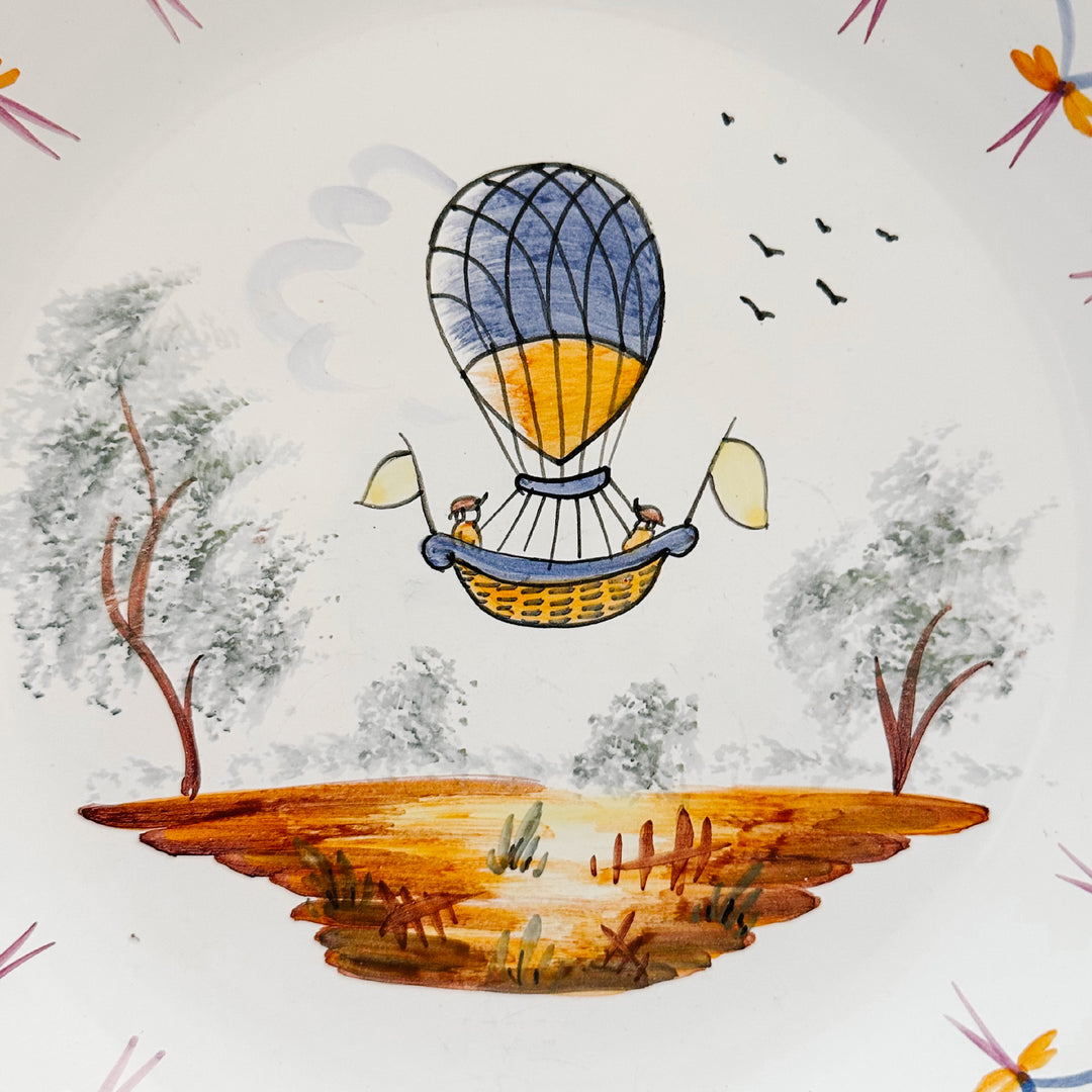 French Faience Voyage Dans Les Airs Hot Air Balloon Plates 