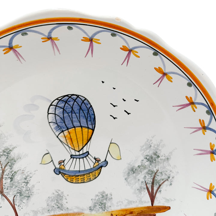 French Faience "Voyage Dans Les Airs" Hot Air Balloon Plates
