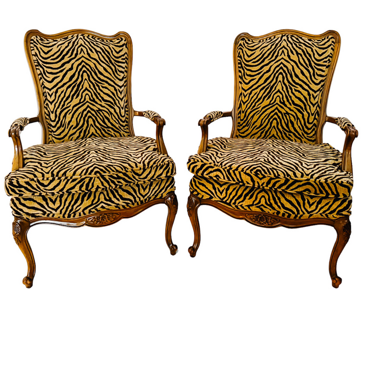 French Louis XIV Style Bergere Fauteuil Chairs in Tiger Upholstery