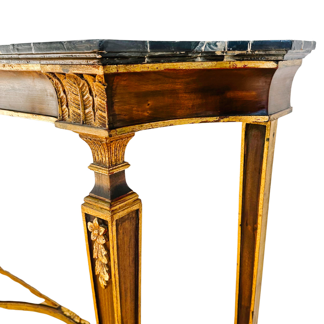 French Neoclassical Louis XVI Style Wood Console Table With Faux Marble Top