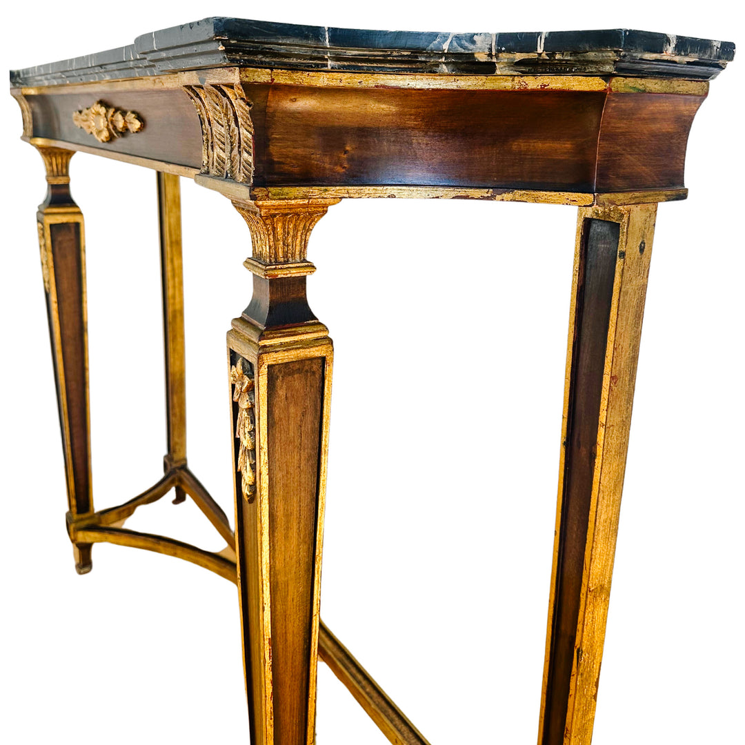 French Neoclassical Louis XVI Style Wood Console Table With Faux Marble Top