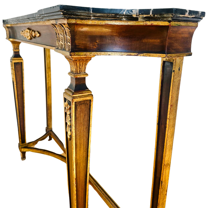 French Neoclassical Louis XVI Style Wood Console Table With Faux Marble Top