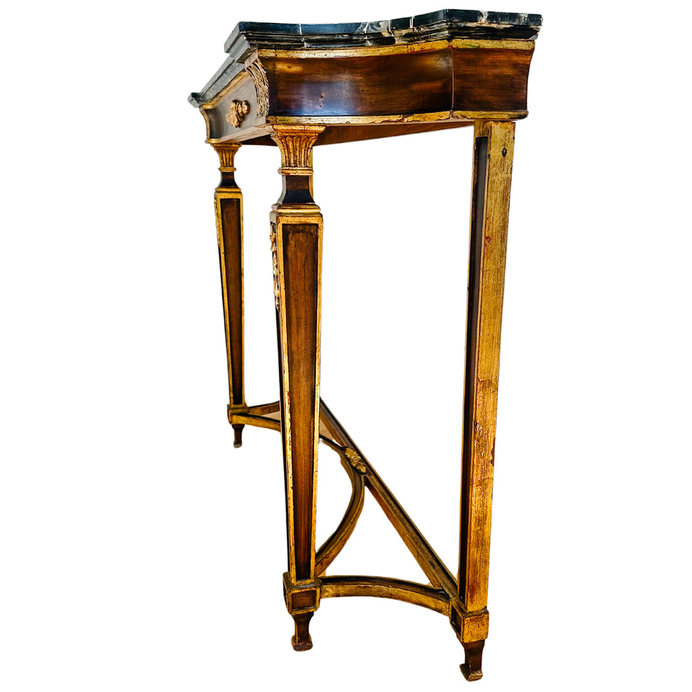 French Neoclassical Louis XVI Style Wood Console Table With Faux Marble Top