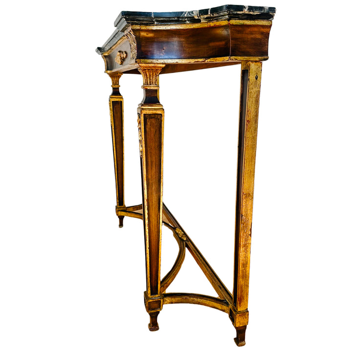 French Neoclassical Louis XVI Style Wood Console Table With Faux Marble Top