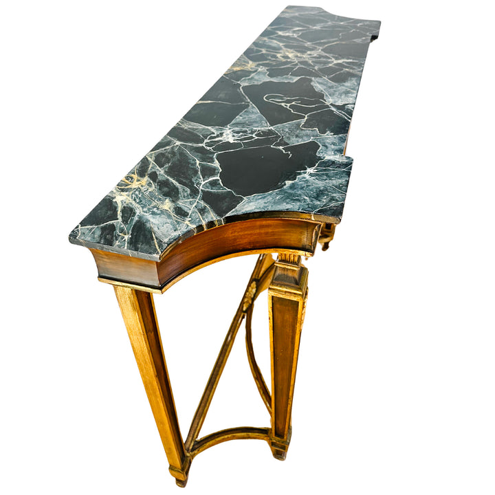 French Neoclassical Louis XVI Style Wood Console Table With Faux Marble Top