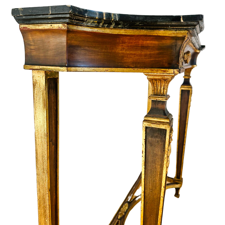 French Neoclassical Louis XVI Style Wood Console Table With Faux Marble Top