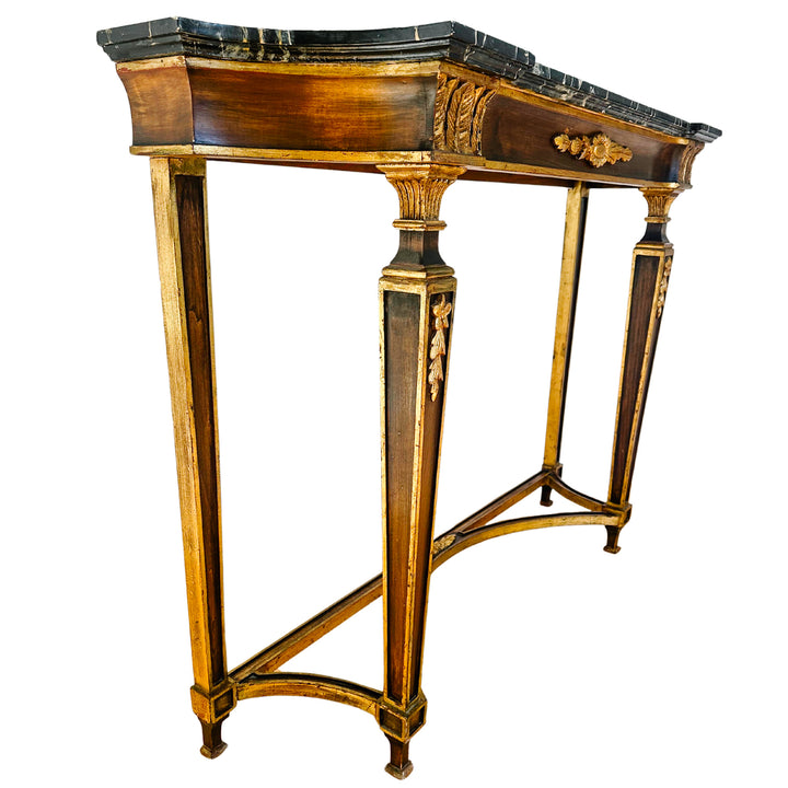 French Neoclassical Louis XVI Style Wood Console Table With Faux Marble Top