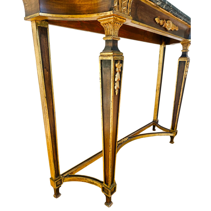 French Neoclassical Louis XVI Style Wood Console Table With Faux Marble Top