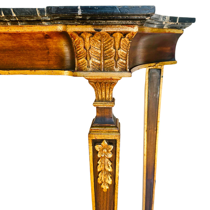 French Neoclassical Louis XVI Style Wood Console Table With Faux Marble Top
