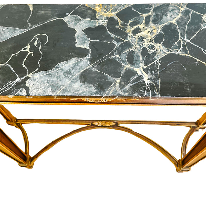French Neoclassical Louis XVI Style Wood Console Table With Faux Marble Top