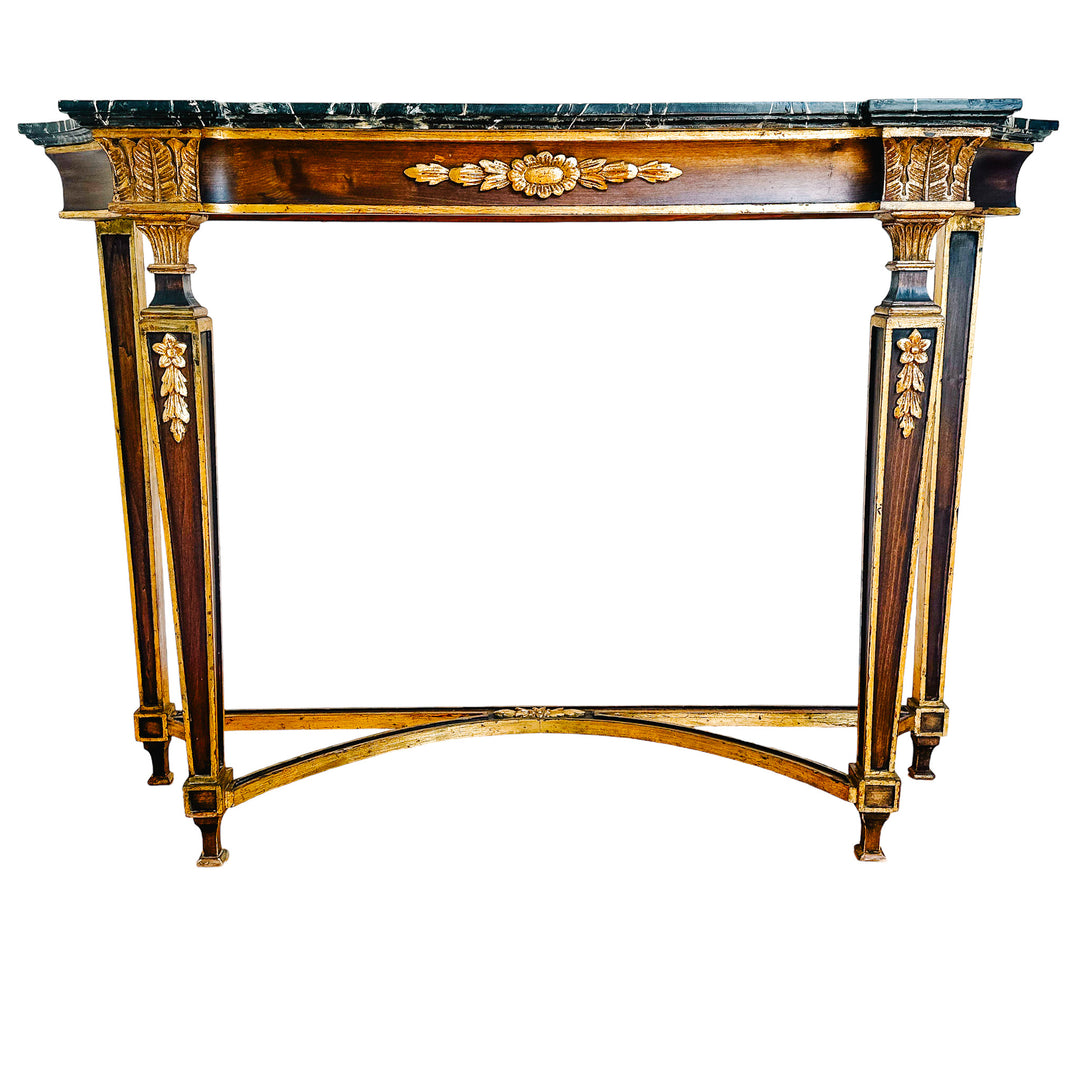 French Neoclassical Louis XVI Style Wood Console Table With Faux Marble Top