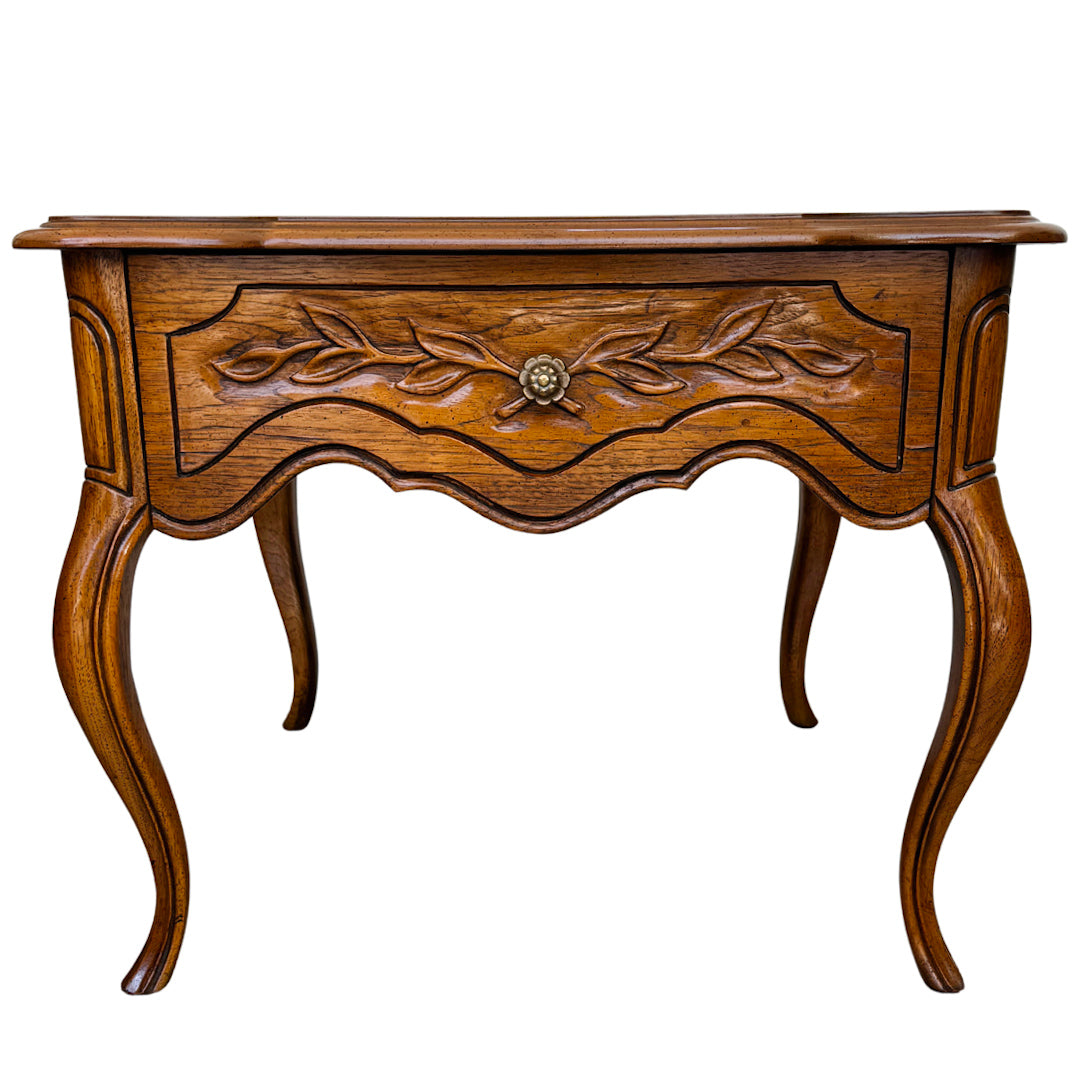 French Provincial Carved Oak End Tables / Low Nightstands by Drexel Heritage