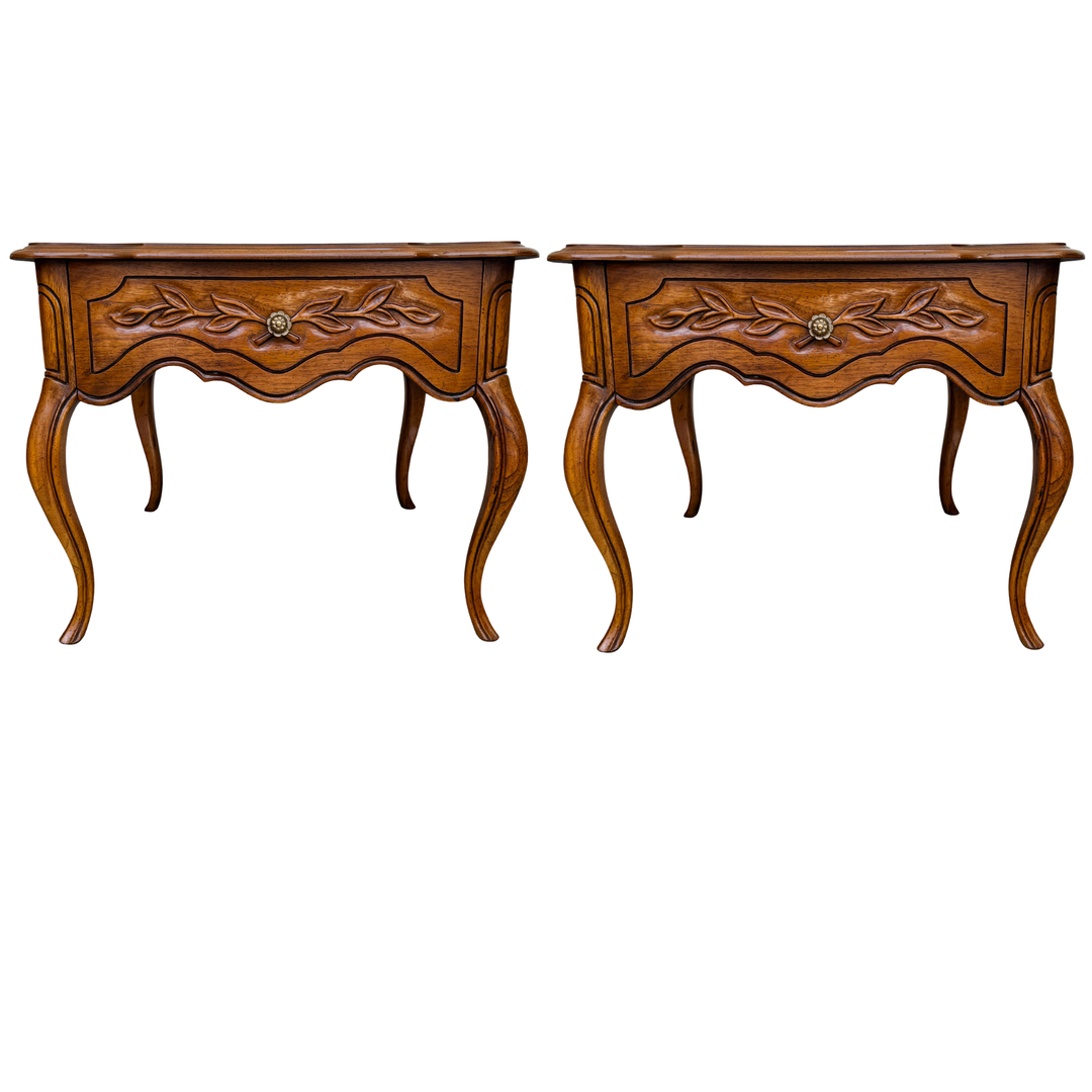 French Provincial Carved Oak End Tables / Low Nightstands by Drexel Heritage