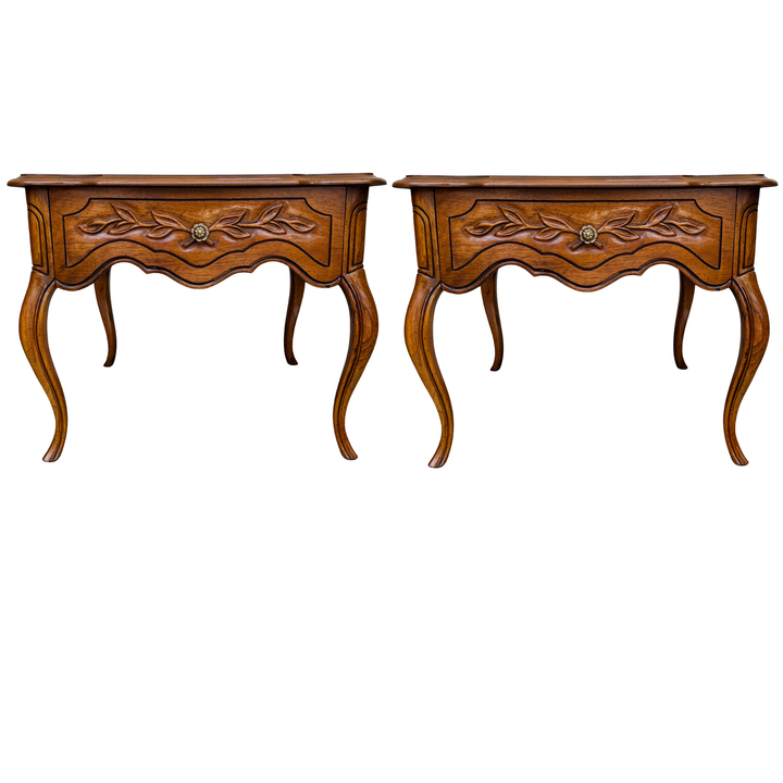 French Provincial Carved Oak End Tables / Low Nightstands by Drexel Heritage