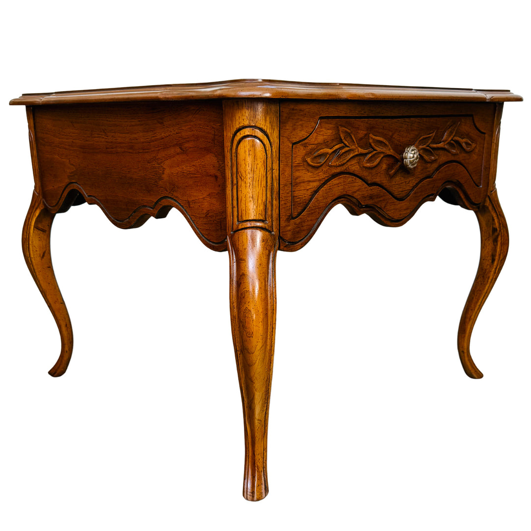 French Provincial Carved Oak End Tables / Low Nightstands by Drexel Heritage