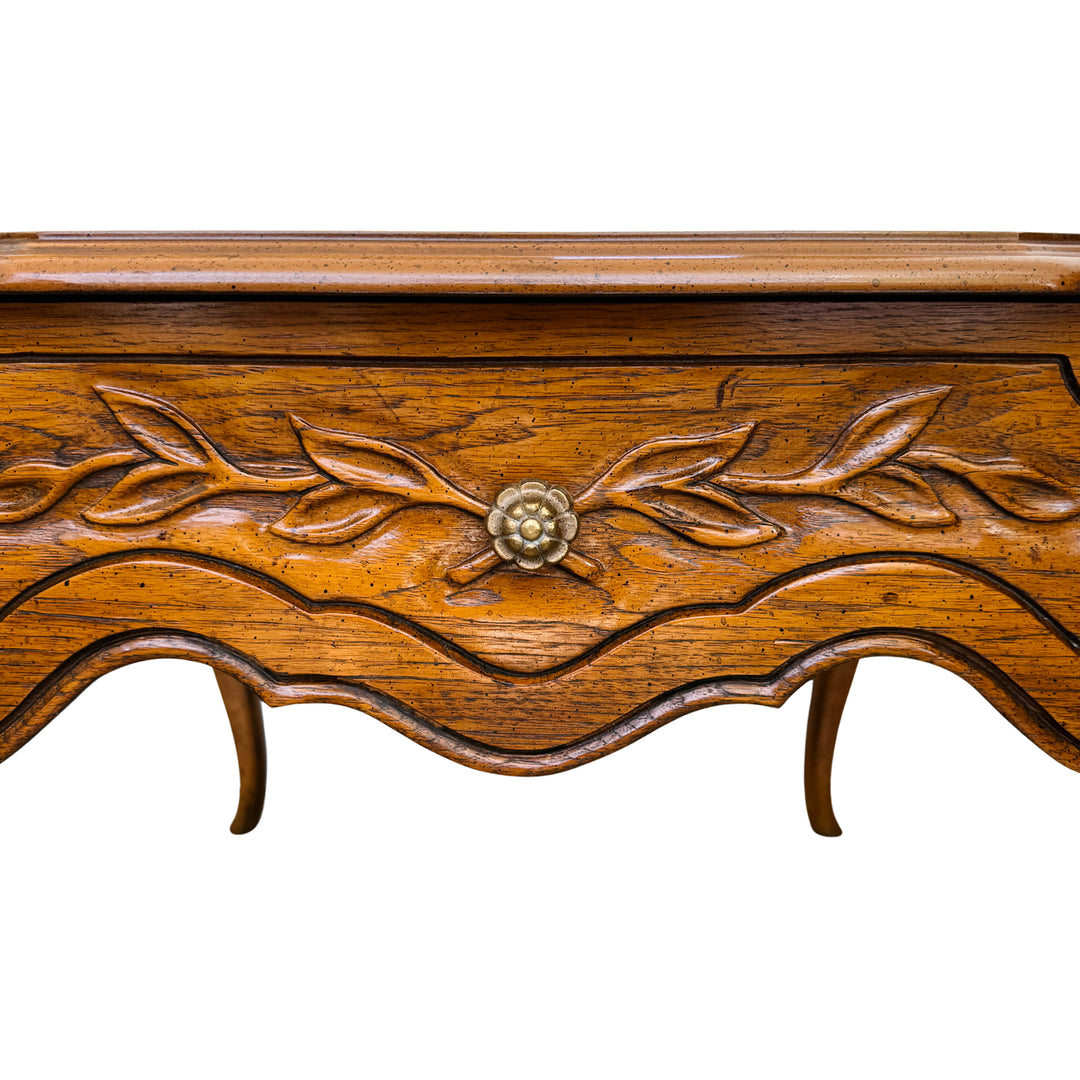 French Provincial Carved Oak End Tables / Low Nightstands by Drexel Heritage