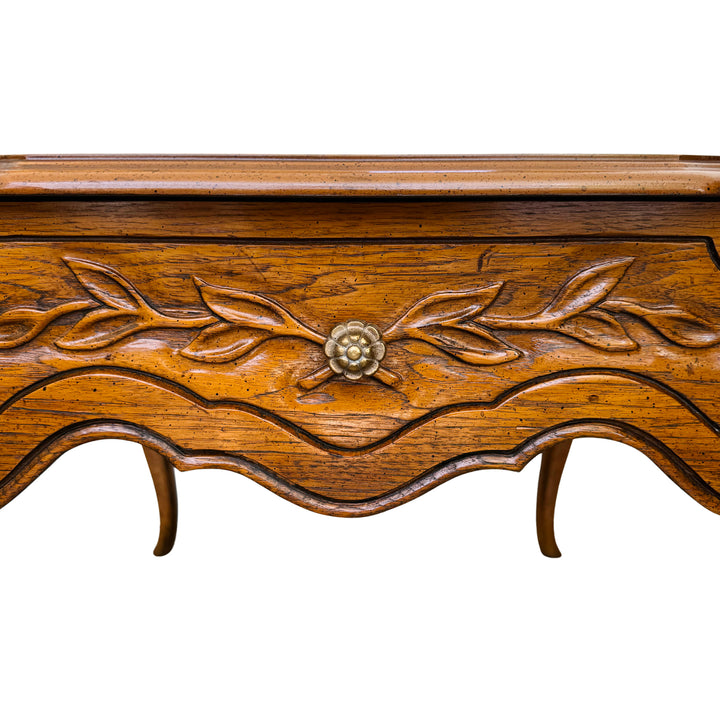 French Provincial Carved Oak End Tables / Low Nightstands by Drexel Heritage