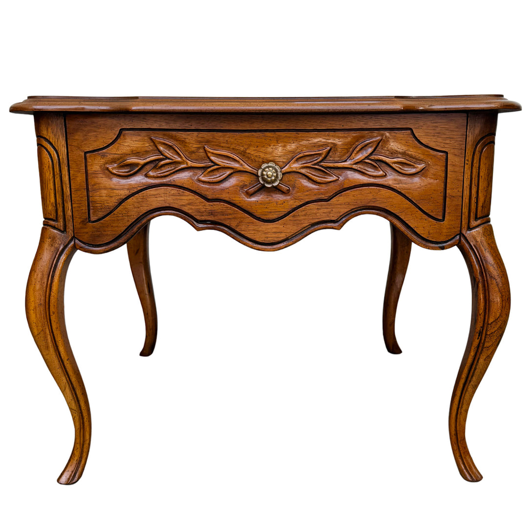 French Provincial Carved Oak End Tables / Low Nightstands by Drexel Heritage