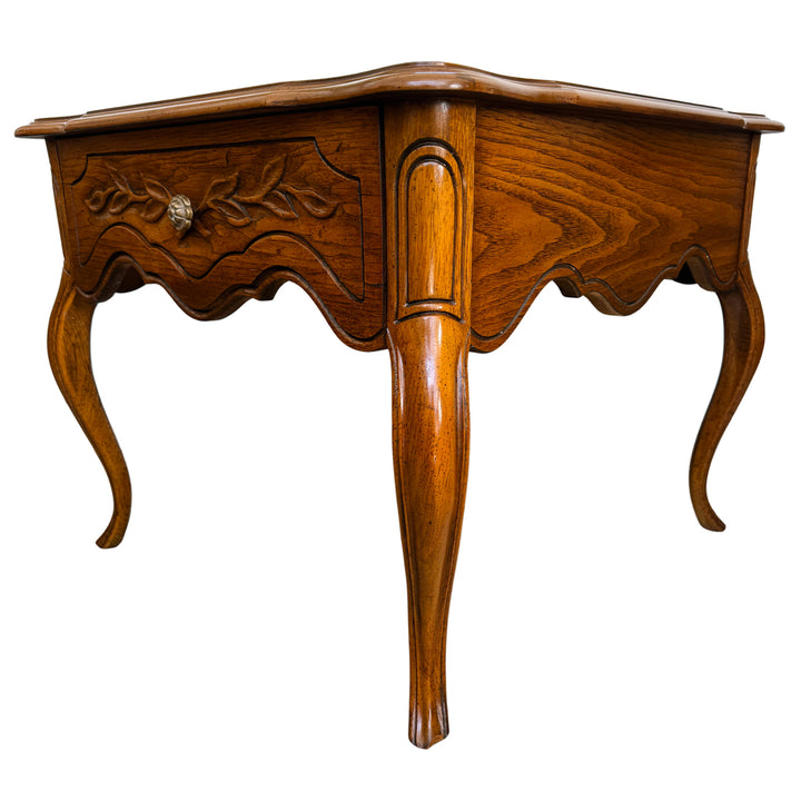 French Provincial Carved Oak End Tables / Low Nightstands by Drexel Heritage