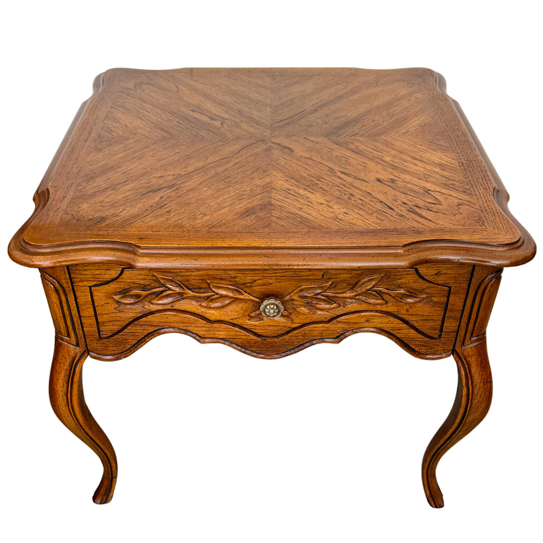 French Provincial Carved Oak End Tables / Low Nightstands by Drexel Heritage