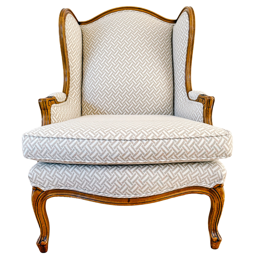 Baker Furniture French Provincial Wingback Chairs With Geometric Upholstery