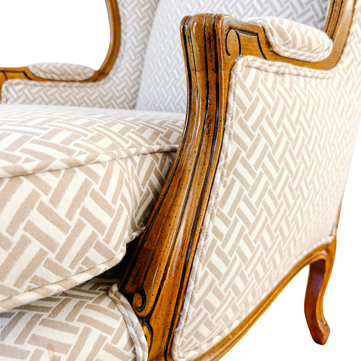 Baker Furniture French Provincial Wingback Chairs With Geometric Upholstery