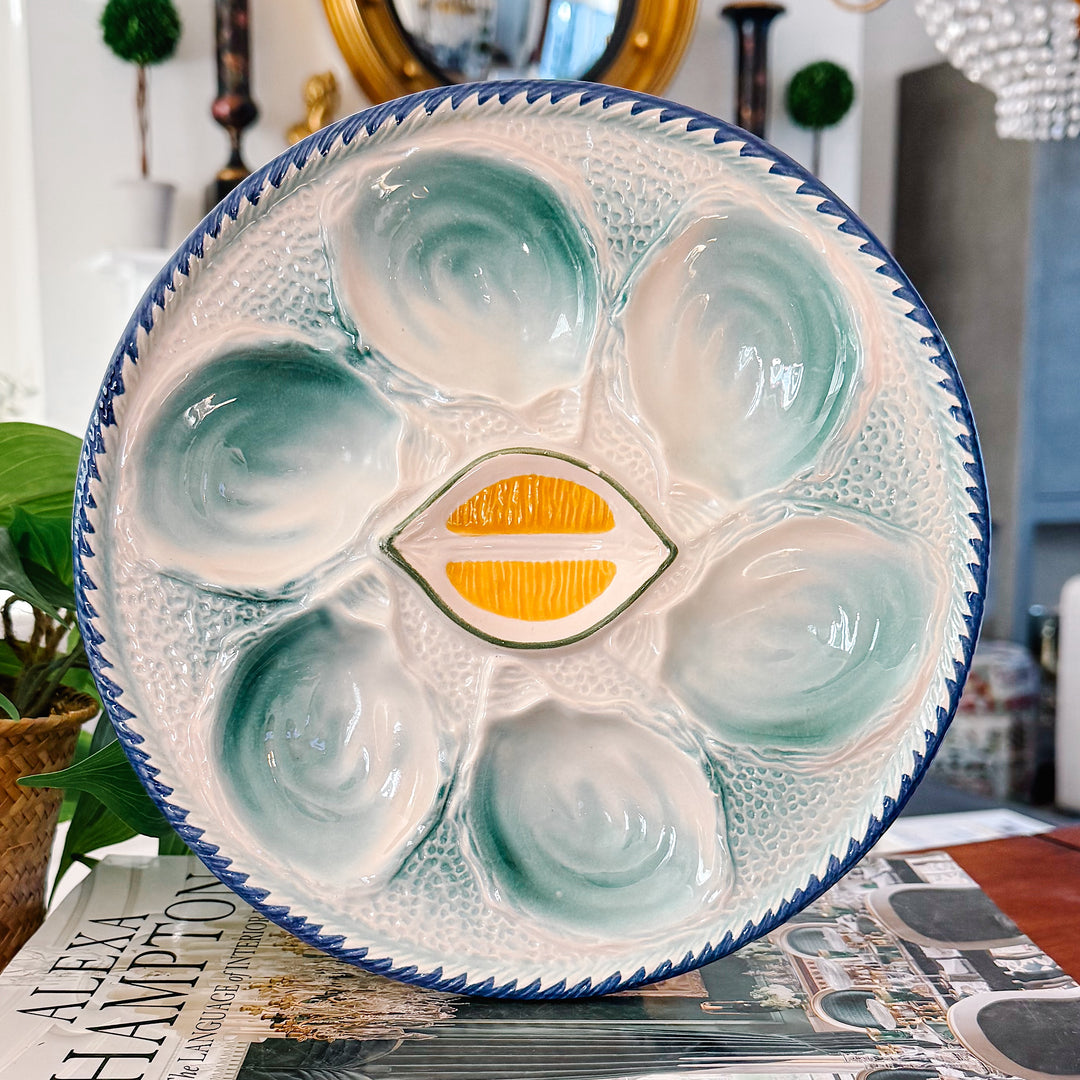 French Saint Clément Majolica Green & Yellow Lemon Wedge Oyster Plate