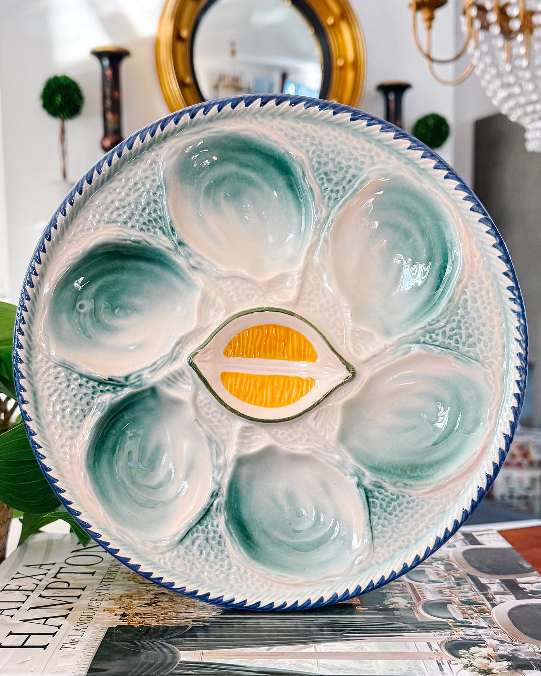 French Saint Clément Majolica Green & Yellow Lemon Wedge Oyster Plate