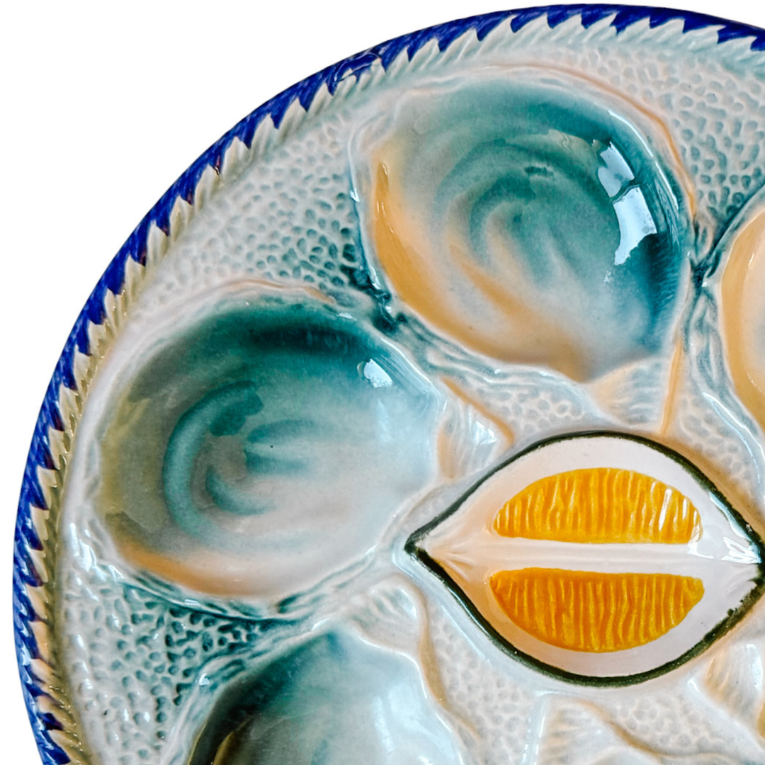 French Saint Clément Majolica Green & Yellow Lemon Wedge Oyster Plate