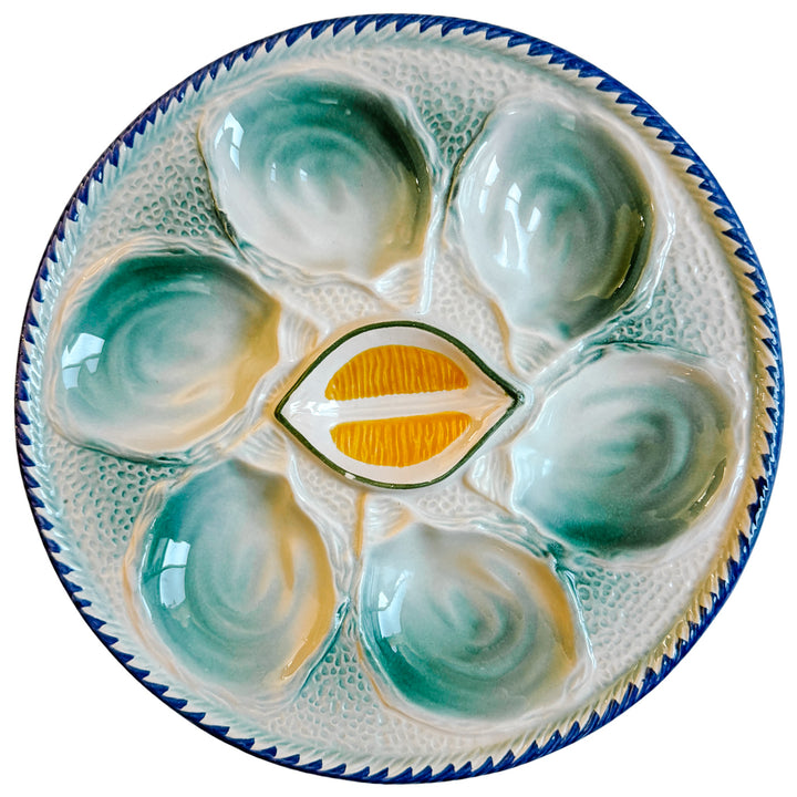 1960s French Saint Clément Majolica Green & Yellow Lemon Wedge Oyster Plate