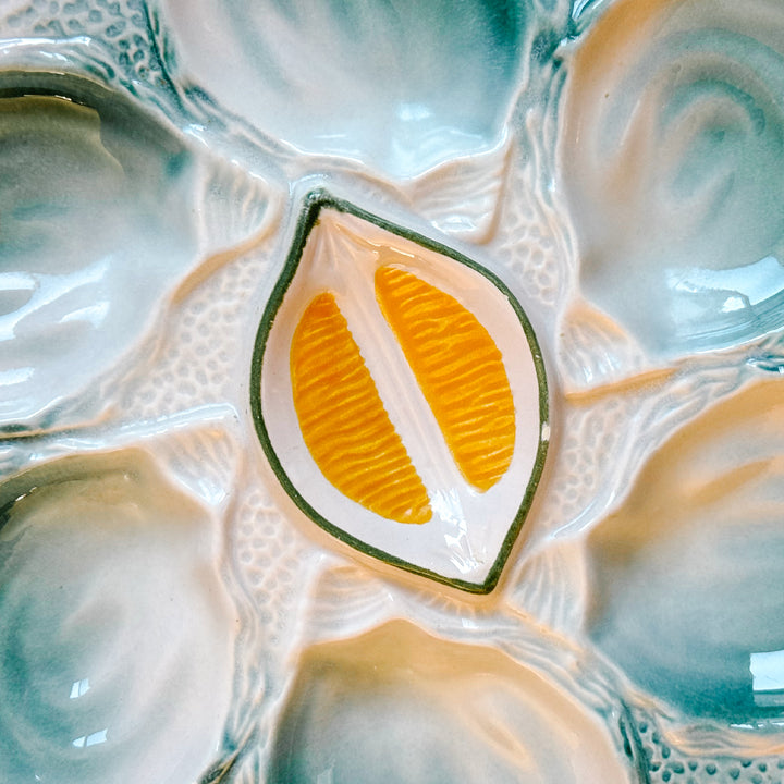 1960s French Saint Clément Majolica Green & Yellow Lemon Wedge Oyster Plate