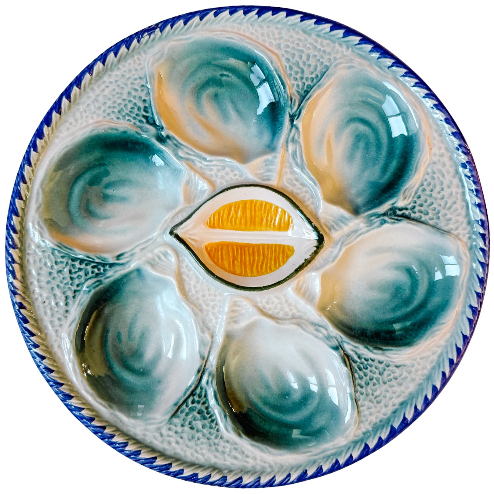 1960s French Saint Clément Majolica Green & Yellow Lemon Wedge